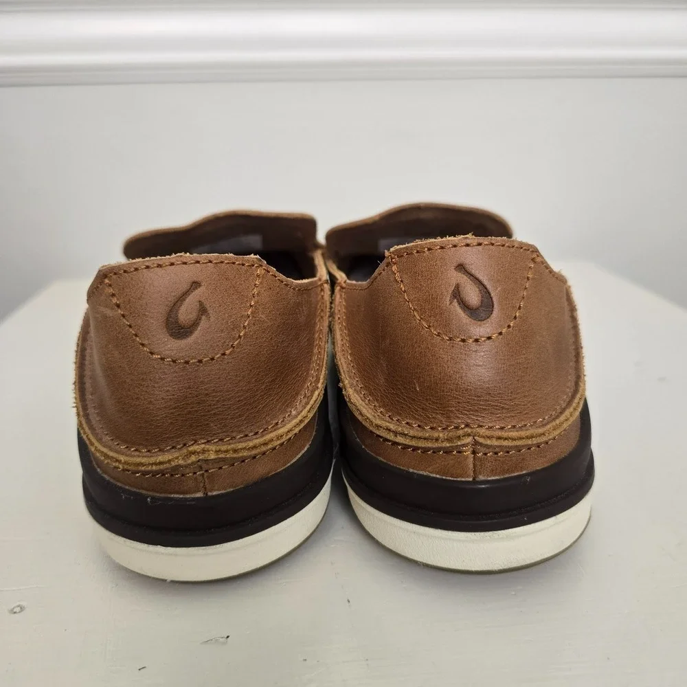 OluKai Mens Kakaha Leather Slip On Loafers Size 8.5 Brown Comfort Coastal Beach